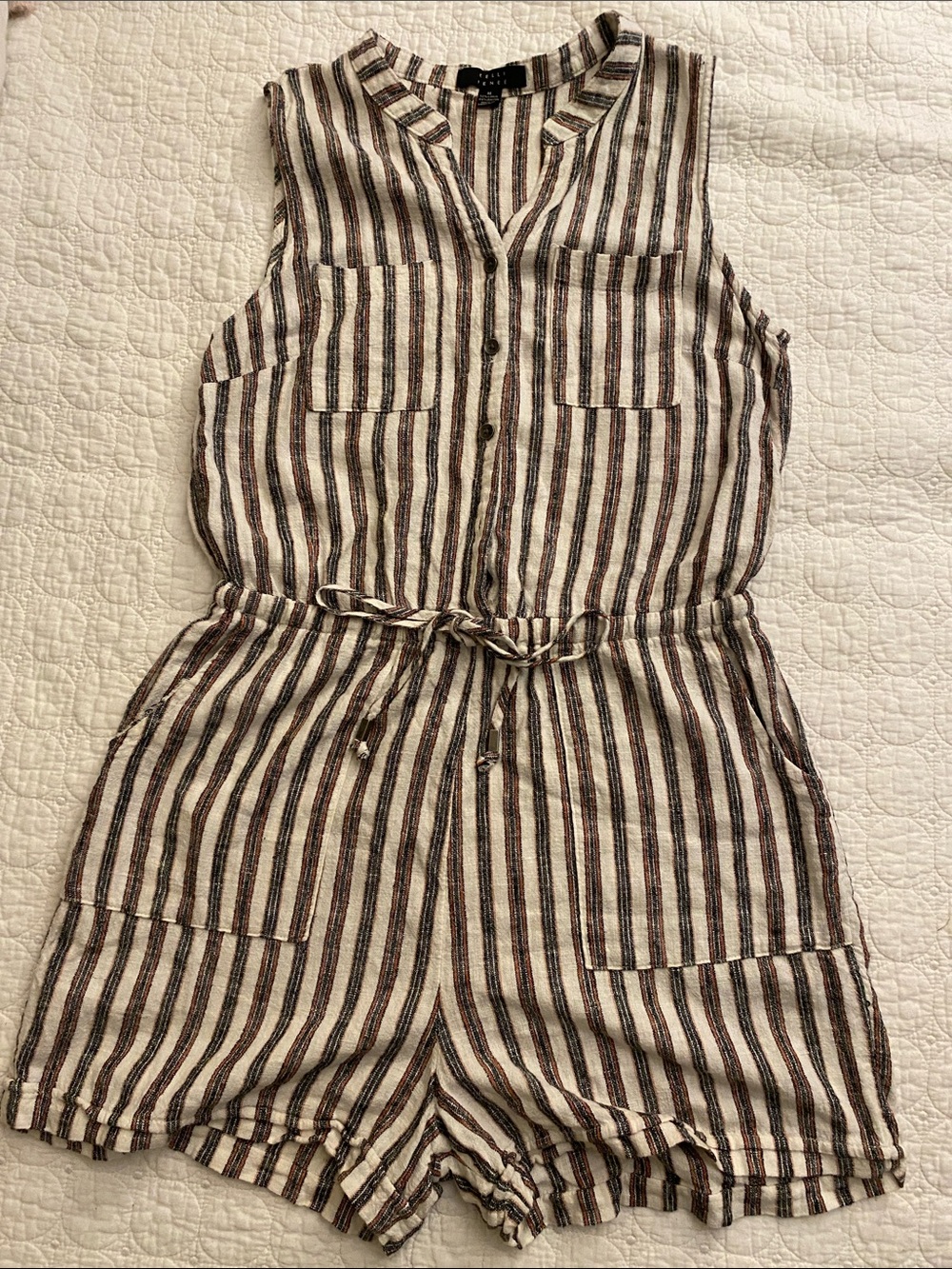 Kelly Renee Striped Sleeveless V-Neck Romper in Cream, Black & Rust